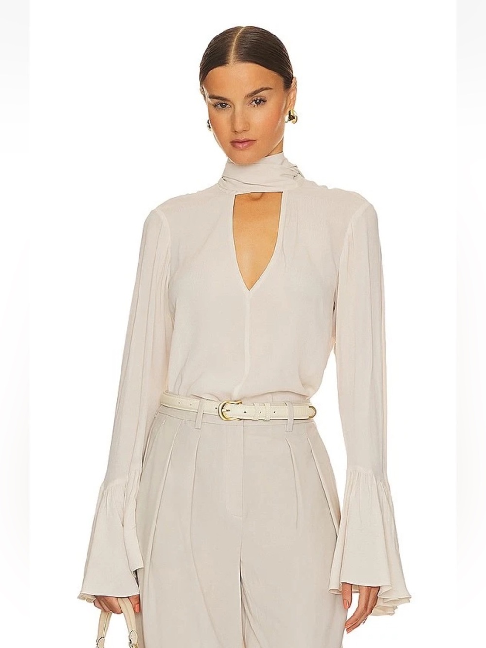 L'Academie Blisse Georgette Blouse Long Sleeves Gathered Bell Cuffs Champagne M